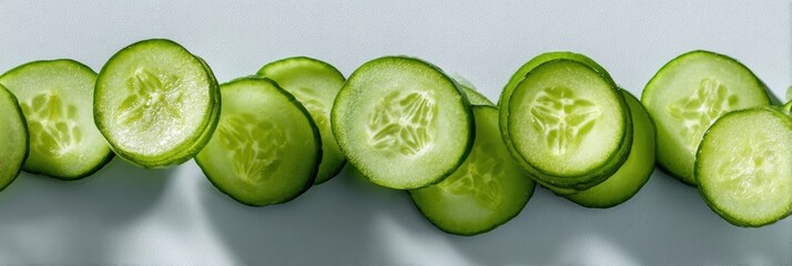 Poster - Floating Cucumber Slices With Soft Shadows Showcasing Freshness and Simplicity in a Minimalist Arrangement Above a Light Surface