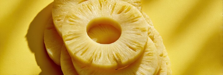 Poster - Sliced Pineapple Rings Stacked in a Spiral Pattern Casting Shadows on a Bright Yellow Background