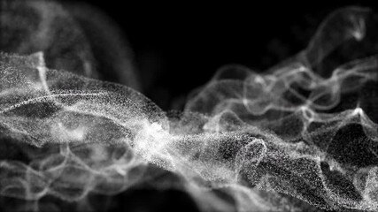 Poster - White particle wave flowing over a black background, perfect for technology, data, or futuristic design themes in digital media or presentations.