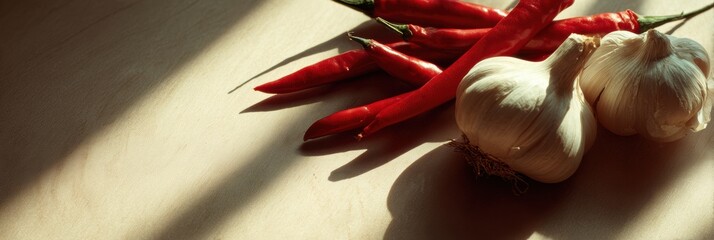 Poster - Vibrant Still Life Featuring Red Chili and Garlic With Sharp Shadows on a Clean Surface