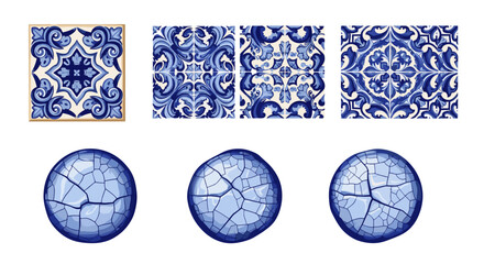Poster - Collection of blue and white patterned tiles and cracked egg shapes on a white background surface