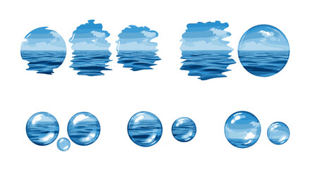 Poster - Artistic rendering of water droplets and water scene reflections on a white background surface view