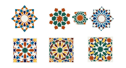 Poster - Collection of six intricate islamic star patterns in various shapes and color palettes on a white background