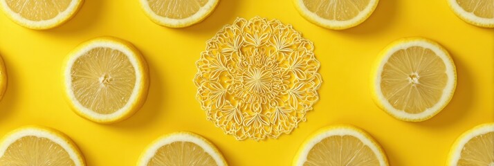 Poster - Lemon Wedges Arranged in a Mandala Layout With a Bright Yellow Background and an Open Top Margin for a Fresh and Vibrant Presentation