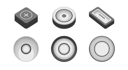 Poster - Isometric shapes including a diamond with an x inside a circle and three oval shapes in grayscale tone