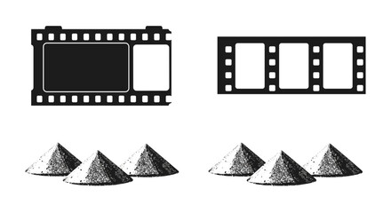 Poster - Illustration featuring two film strips and two groups of three textured cones each in black and white