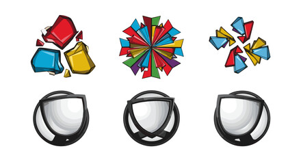 Poster - Three sets of colorful shattered glass shards above three shield like objects on a white background