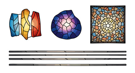 Poster - Illustration of three stained glass designs and four decorative lines on a white background