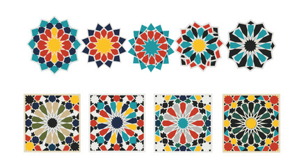 Poster - Collection of eight colorful geometric patterns in islamic style arranged on a white background view