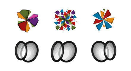Poster - Three sets of abstract colorful shapes above three sets of oval shapes with black outlines