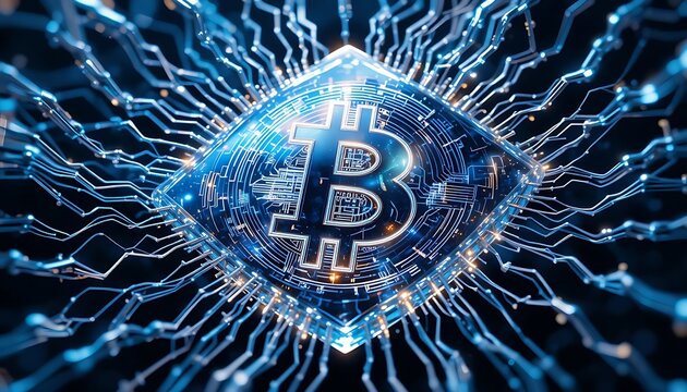 Futuristic Bitcoin Symbol Surrounded by Electronic Circuitry and Glowing Nodes