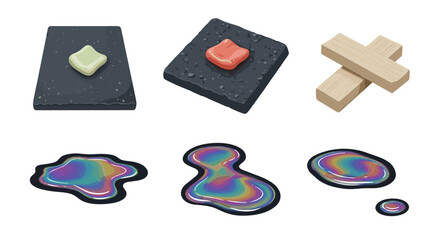 Poster - Illustration of colorful puddles and geometric shapes on dark textured blocks and tan cross shapes