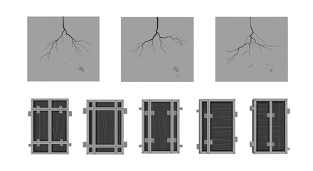 Poster - Illustration depicting cracked walls above and various container structures below in neutral tones
