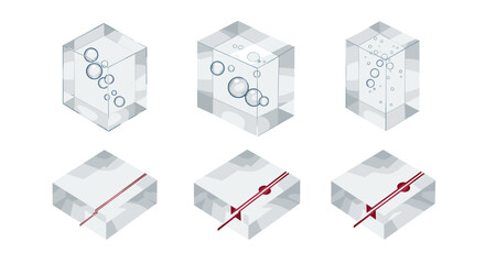 Poster - Six clear blocks with bubbles and red lines in varying arrangements and perspectives on white background