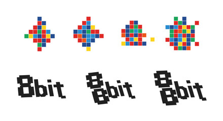 Poster - Pixelated designs with colorful blocks and the words eight bit in a retro style graphic layout