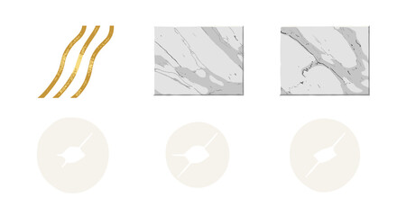 Poster - Arrangement featuring gold stripes, marble tiles, and oval shapes on a white background surface view