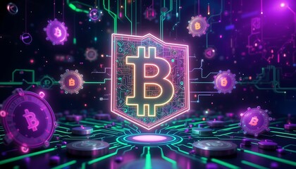 Poster - Bitcoin Cryptocurrency Glowing Digital Network Concept with Blockchain and Altcoins