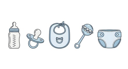 Fototapete - Baby items illustration: bottle, pacifier, bib, rattle, diaper - white background