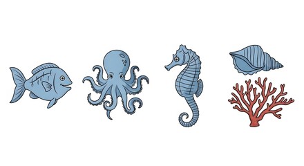 Fototapete - Cartoon fish, octopus, seahorse, seashell, and coral - white background