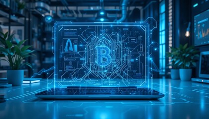 Poster - Laptop Displaying Bitcoin Technology and Ai in Modern Workspace Setting
