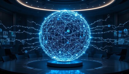 Poster - Global Network Data Sphere with Security Lock Icon in Meeting Room