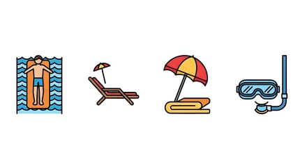 Fototapete - Beach vacation icons: swimmer, chair, umbrella, snorkel - white background