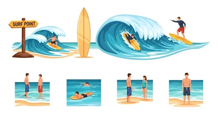 Fototapete - Surfing and beach activities illustration - white background