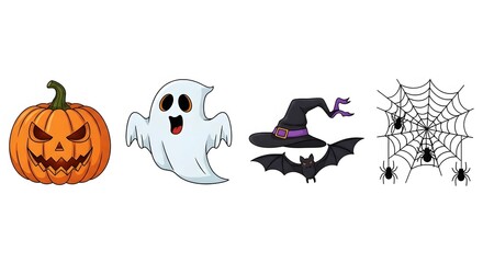 Fototapete - Halloween icons: pumpkin, ghost, witch hat, bat, and spiderweb - white background