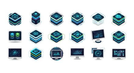 Fototapete - Isometric data server icons and computer monitors - white background