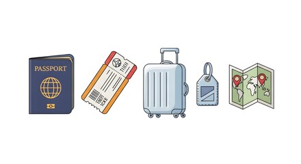 Fototapete - Passport, ticket, suitcase, tag, and map illustration  white background