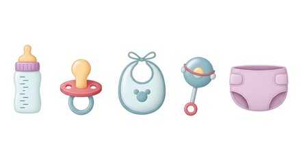 Fototapete - Baby items: bottle, pacifier, bib, rattle, and diaper  white background