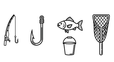 Fototapete - Fishing equipment line art: rod, hook, fish, bucket, and net  white background