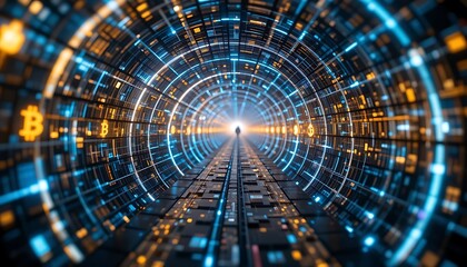Poster - Walking Through Digital Tunnel with Bitcoin Symbol and Futuristic Glowing Lights