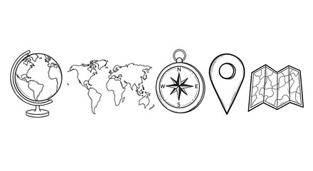 Fototapete - Line art illustration of globe, world map, compass, location pin, and folded map  white background