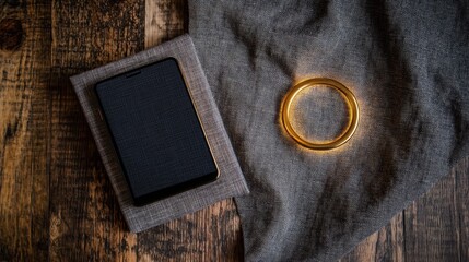 Fototapete - A gold ring and a tablet rest on a wooden surface.