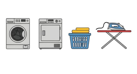 Fototapete - Washing machine, dryer, laundry basket, and iron on ironing board  white background