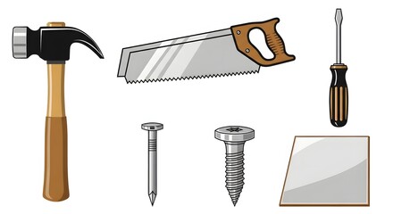 Fototapete - Cartoon illustration of carpentry tools: hammer, saw, screwdriver, nails, screw, and wood piece  white background