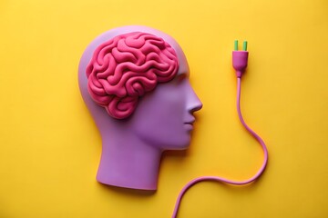 Poster - Conceptual image of a purple head with a pink brain connected to a purple electrical plug with green prongs