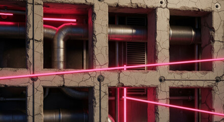 Aufkleber - Abstract view of a cracked concrete wall with red laser beams and industrial pipes.