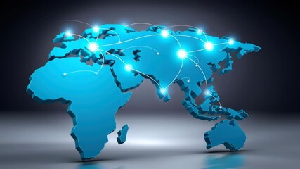 Poster - Glowing Blue World Map with Connected Points Represents Global Communication, Networking, and Digital Technology Highlights Global Connectivity