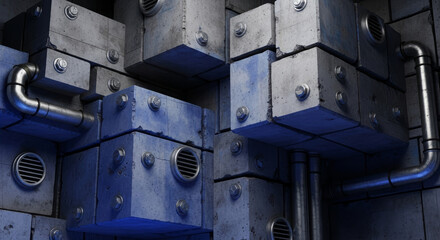 Poster - Abstract industrial wall with metal cubes, pipes, and vents, creating a complex, geometric pattern.