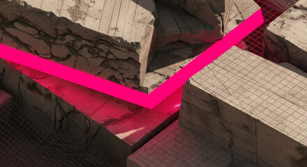 Aufkleber - Abstract view of concrete blocks with a bright pink geometric overlay, creating a modern and artistic composition.