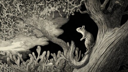 Poster - Squirrel perched on a gnarled tree trunk amidst intricate, organic forms.