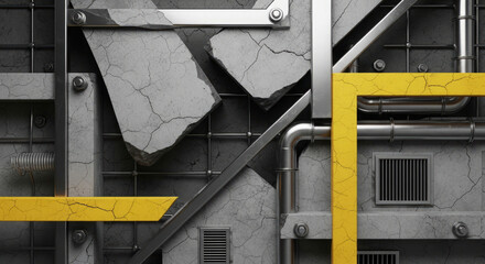 Aufkleber - Abstract industrial texture featuring cracked concrete, metallic framework, and vibrant yellow accents.