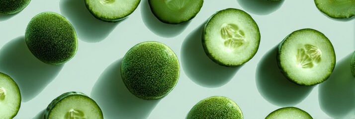 Poster - Cucumber Slices and Whole Cucumbers Floating Gently in Soft Shadows on a Pale Green Background for a Fresh, Minimalist Display