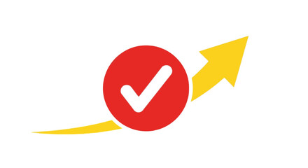 Poster - A white check mark in a red circle with a yellow arrow pointing upwards, isolated on white background, signifies successful growth