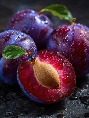 Poster - Ripe Plum With Glowing Core and Droplets on Dark Surface Creates a Mystical Atmosphere for Fruit Lovers