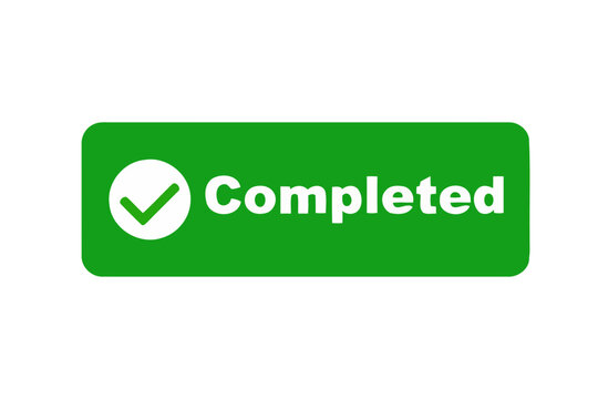 A green rectangle with the word completed and a check mark, isolated on white background