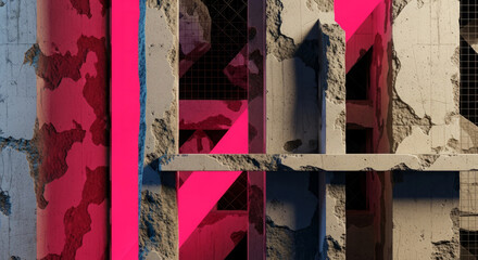 Aufkleber - Abstract composition featuring architectural fragments with vibrant pink and camo elements.