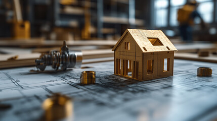 Miniature house model on architectural blueprint with mechanical parts, symbolizing construction planning and engineering design in workshop environment